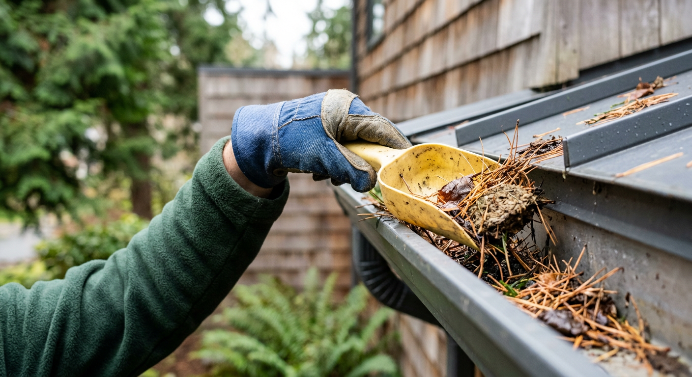 A professional clearing pine needles from a gutter as part of property maintenance on a Mercer Island, WA home.