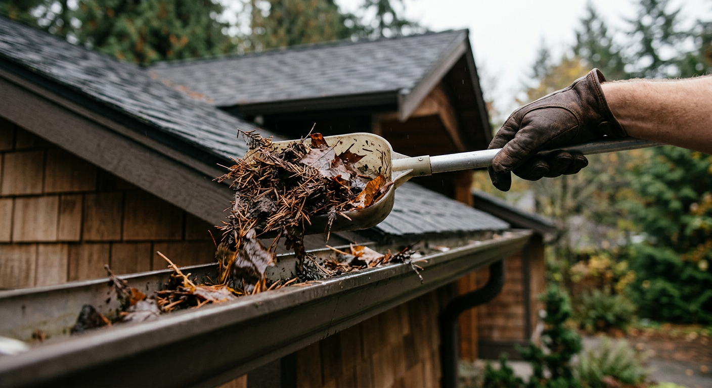 A professional performing fall property maintenance by cleaning gutters on a home in Mercer Island, WA.