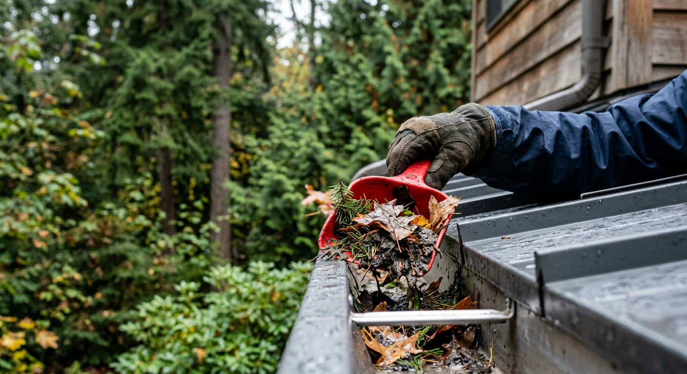 Close-up of a gutter being cleaned as part of fall property maintenance on a Mercer Island, WA home.