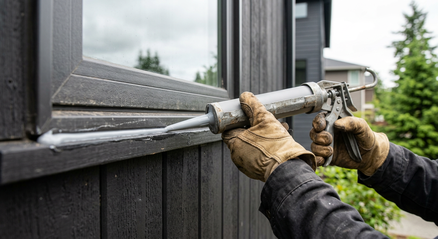 Applying a bead of exterior caulk to a window frame during summer property maintenance in Redmond, WA.