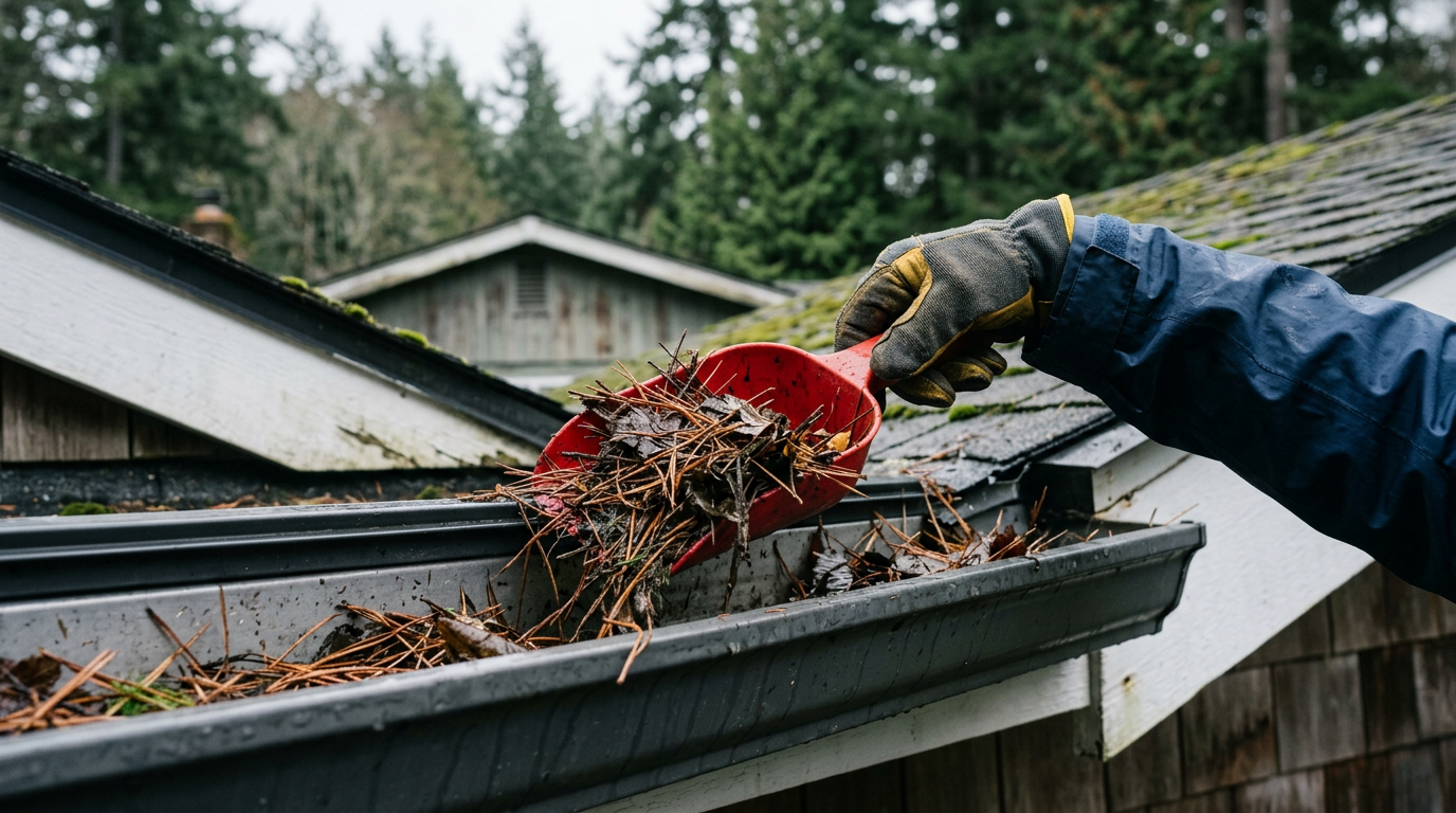 A hand cleaning pine needles from a gutter as part of fall property maintenance on a home in Redmond, WA.