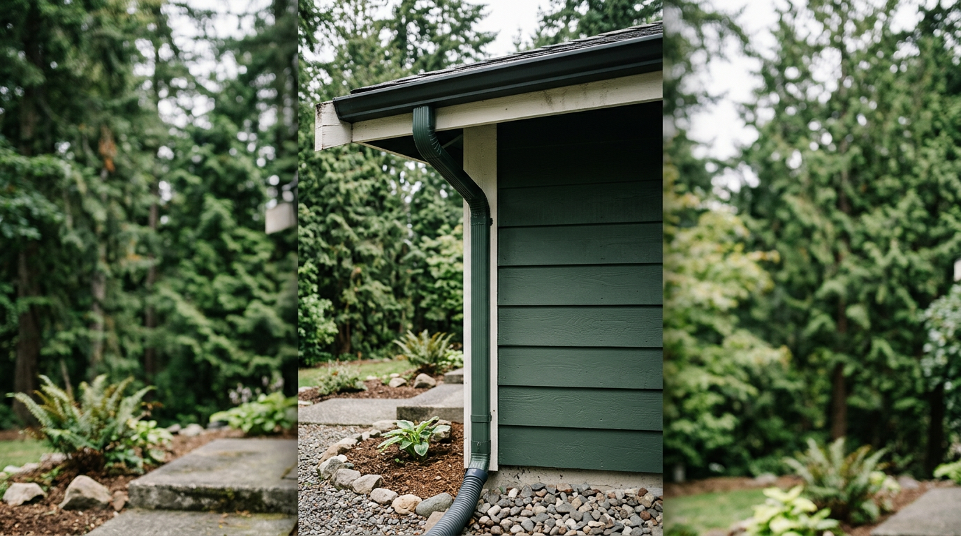 A well-maintained gutter and downspout on a home in Shoreline, WA, an example of good property maintenance.