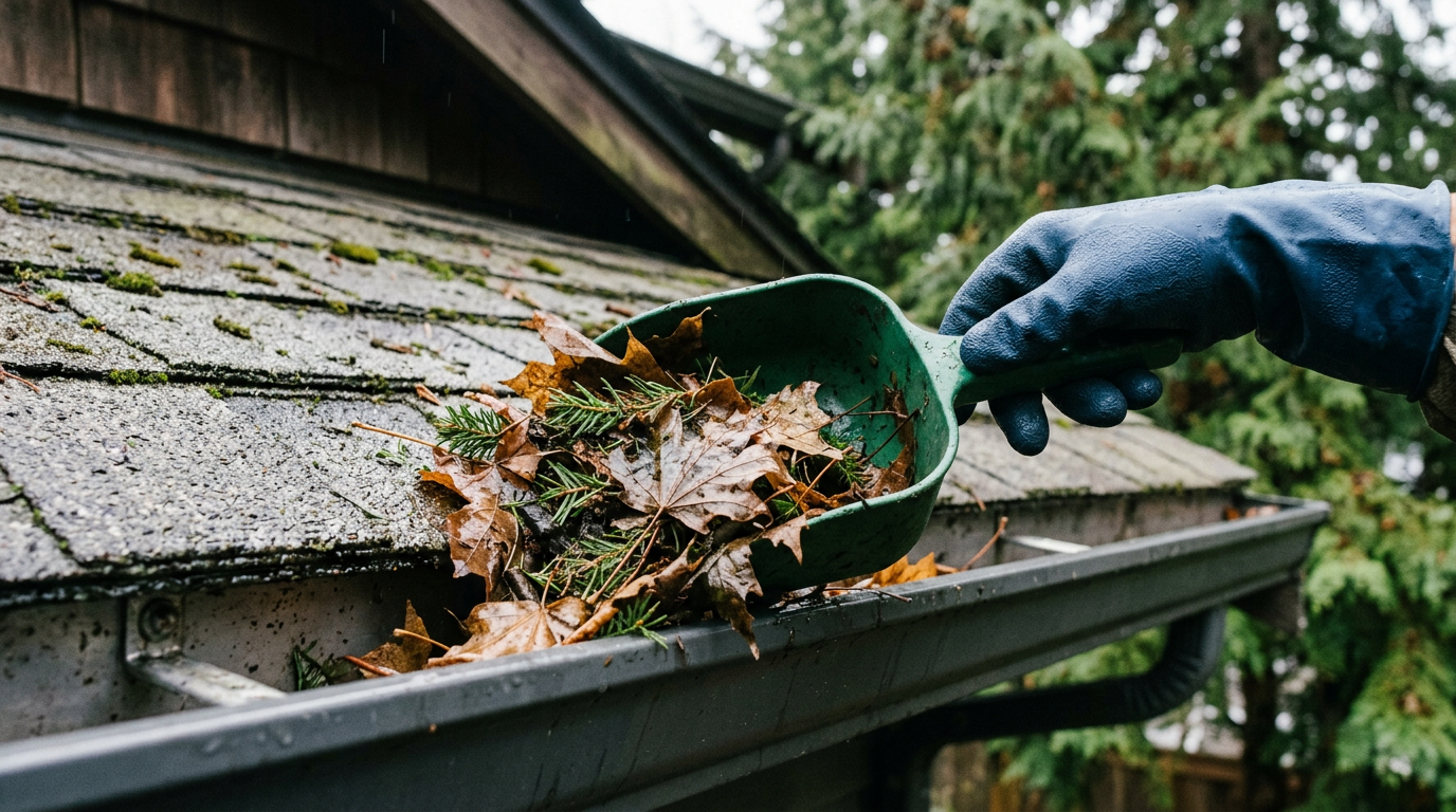 A handyman clearing wet leaves from a gutter as part of fall property maintenance on a home in Shoreline, WA.