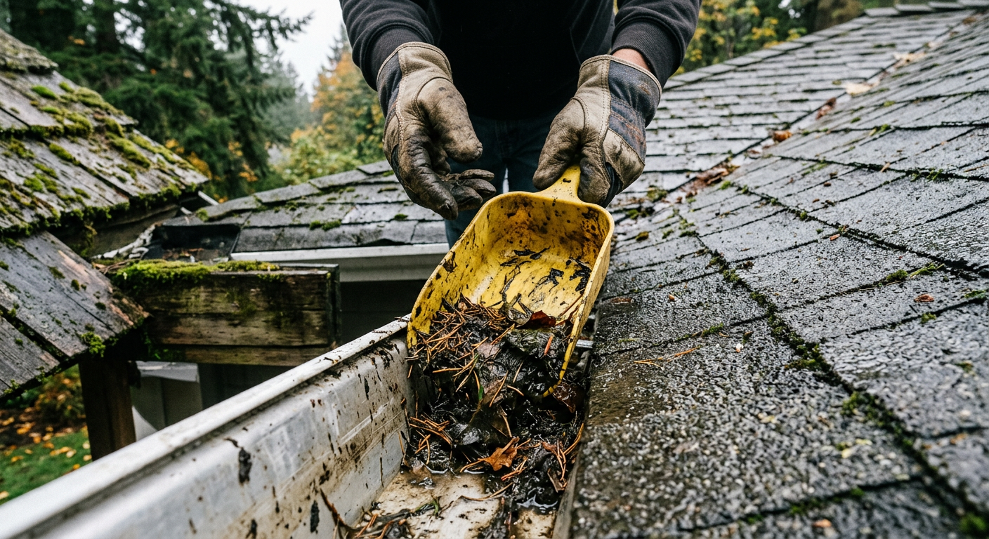 Close-up of hands in gloves performing fall property maintenance by cleaning fir needles from a gutter on a home in Shoreline, WA.