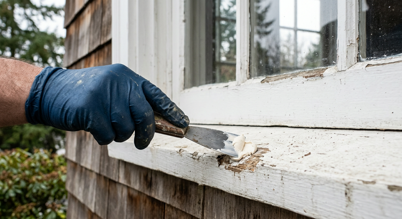 Applying wood filler to a window sill as part of property maintenance in Yarrow Point.