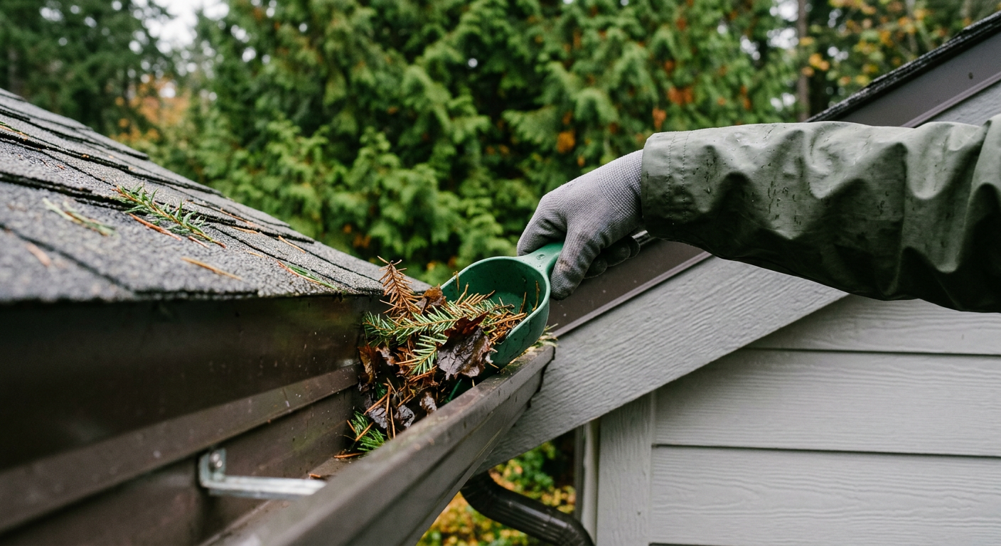 Fall property maintenance in Yarrow Point showing a hand cleaning fir needles out of a gutter.