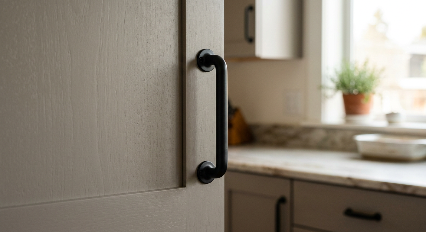 Close-up of a new matte black handle on a freshly painted gray kitchen cabinet in a Queen Anne home.