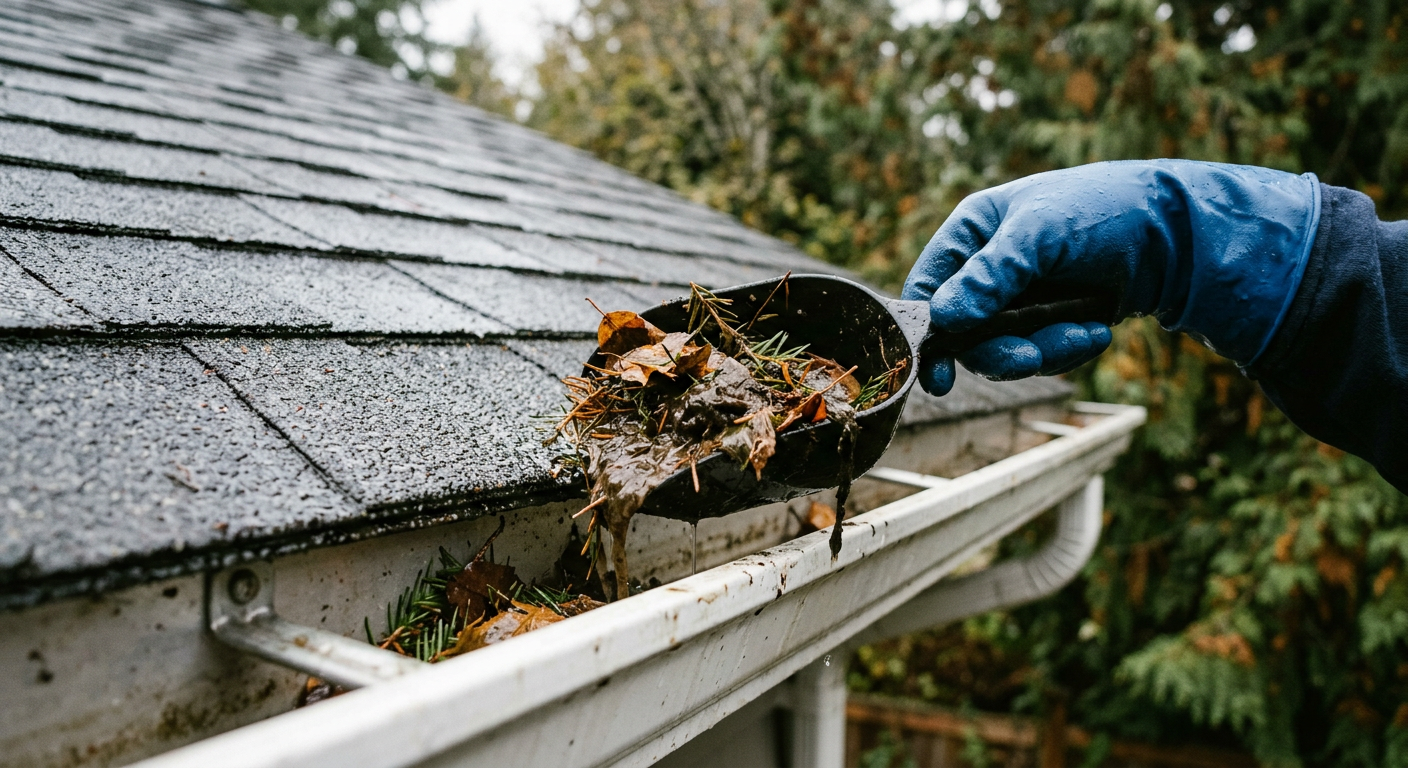 Gloved hand clearing leaves from a gutter during fall property maintenance on a Lynnwood home.