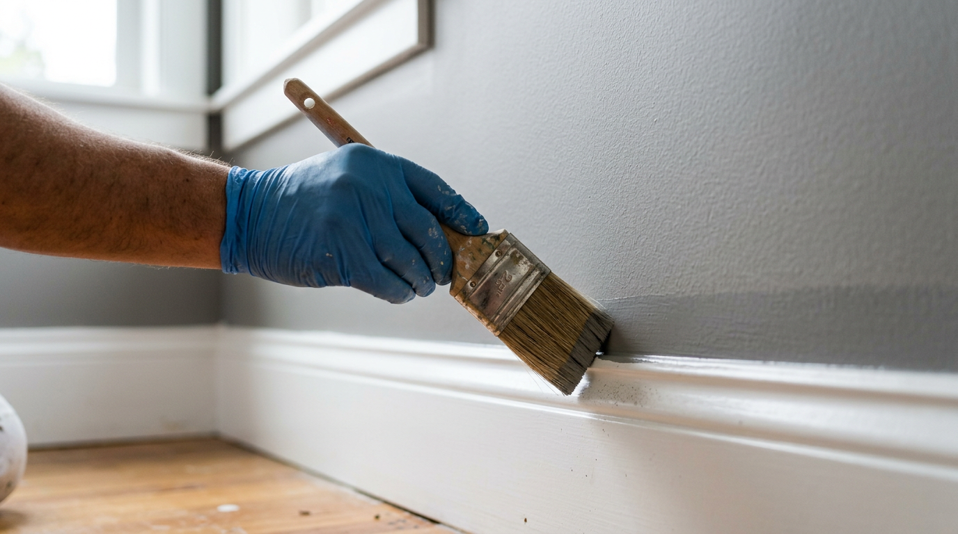 A professional painter cutting in a clean edge on a wall during an interior painting project in Redmond, WA.