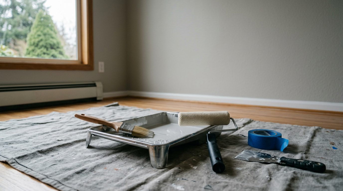 A set of professional painting tools on a drop cloth in a freshly painted Redmond home.