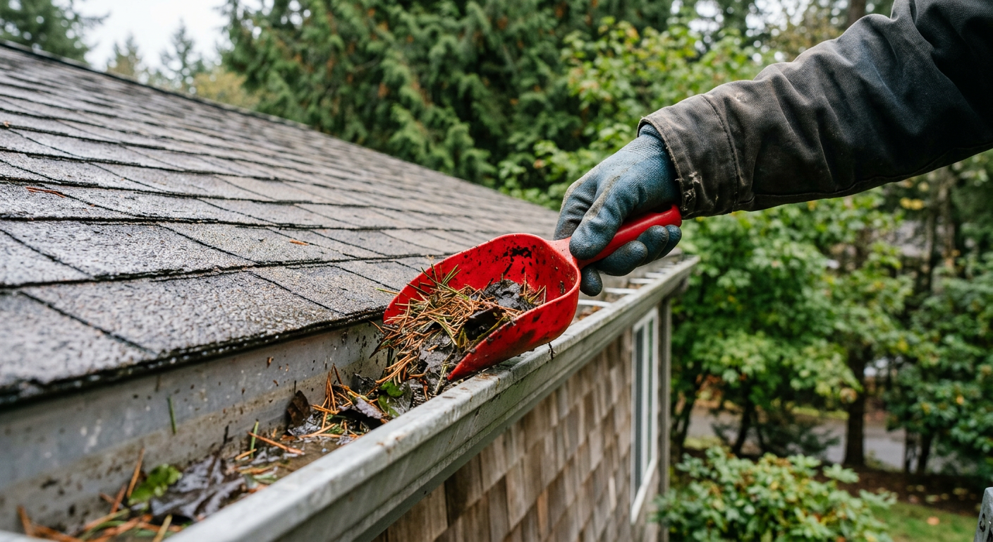 A close-up of a gutter being cleaned as part of fall property maintenance in Redmond, WA.