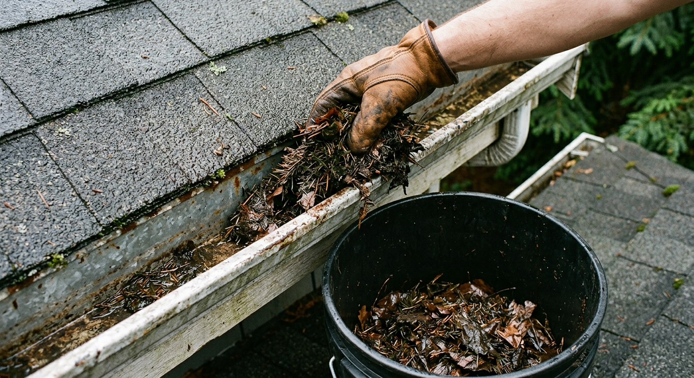 Hand in glove cleaning fir needles from a gutter during fall seasonal maintenance on a home in Redmond.