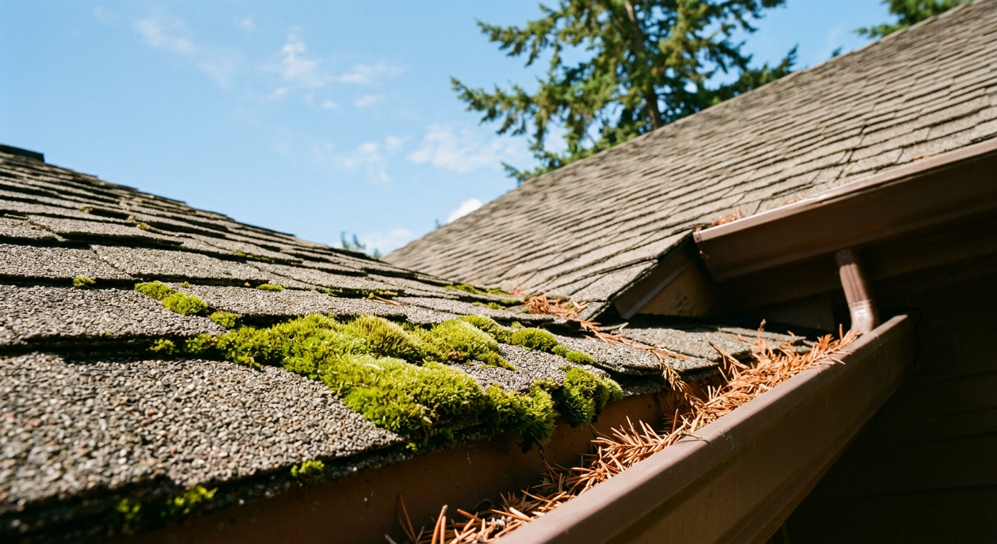Close-up on moss growing on a composition shingle roof during a summer roof assessment in Ballard, WA.