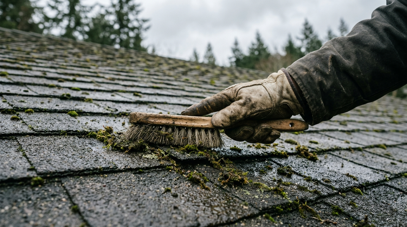 A close-up of a hand gently brushing moss off an asphalt shingle during a roof assessment in Ballard, WA.
