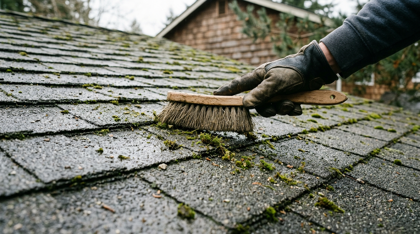 A close-up of a roof assessment in Ballard, with a gloved hand carefully removing moss from composite shingles.
