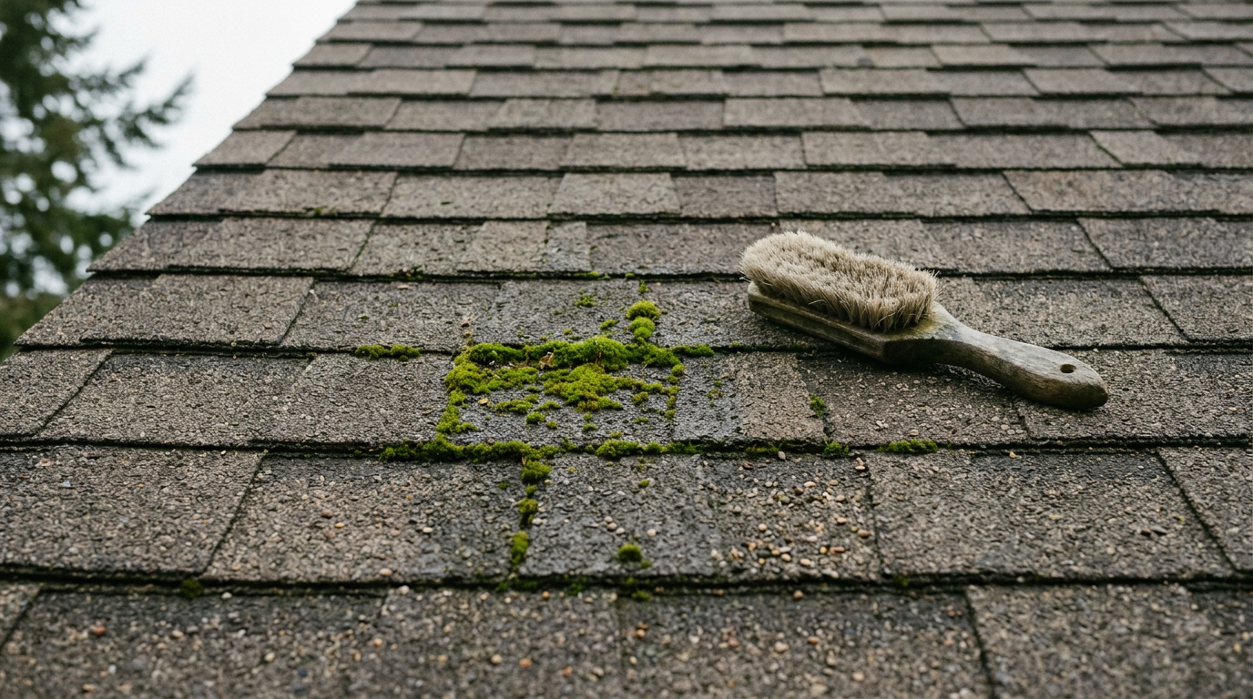 Close-up of moss growing on an asphalt shingle roof of a home in Brier, WA, needing maintenance.