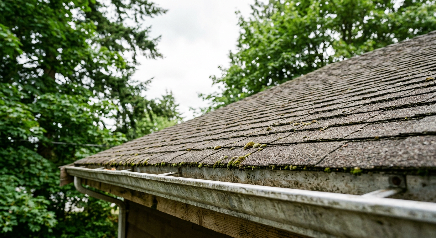 A section of a roof on a Lake Stevens home, showing minor moss growth that needs assessment before the fall rains.