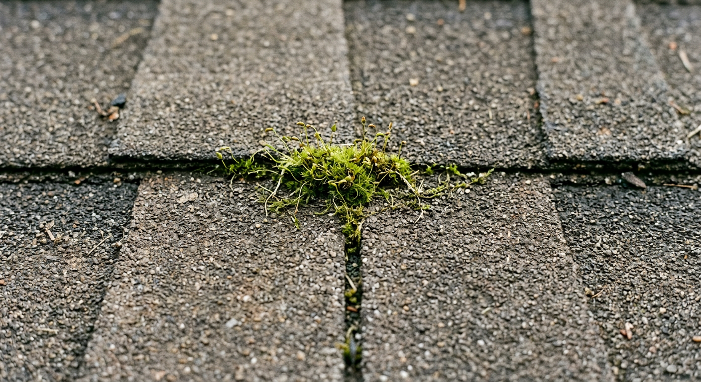 Close-up of moss growing on composite roof shingles of a home in Kirkland, WA, indicating a need for a roof assessment.