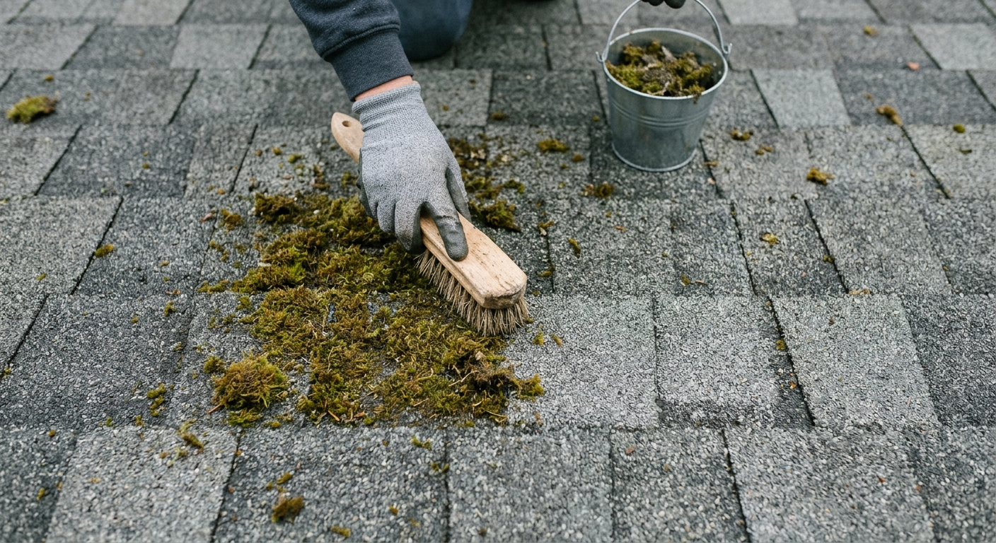 Close-up of a roof assessment in Lake Stevens, WA, showing moss being carefully removed from shingles.