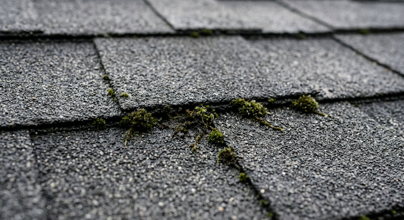 Close-up of aging asphalt shingles with moss growth on a home in Lake Stevens, WA, signaling the need for a roof assessment.