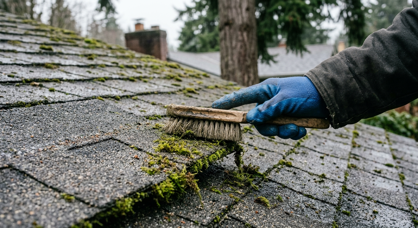 A handyman brushing moss off asphalt shingles during a roof assessment in Shoreline, WA.