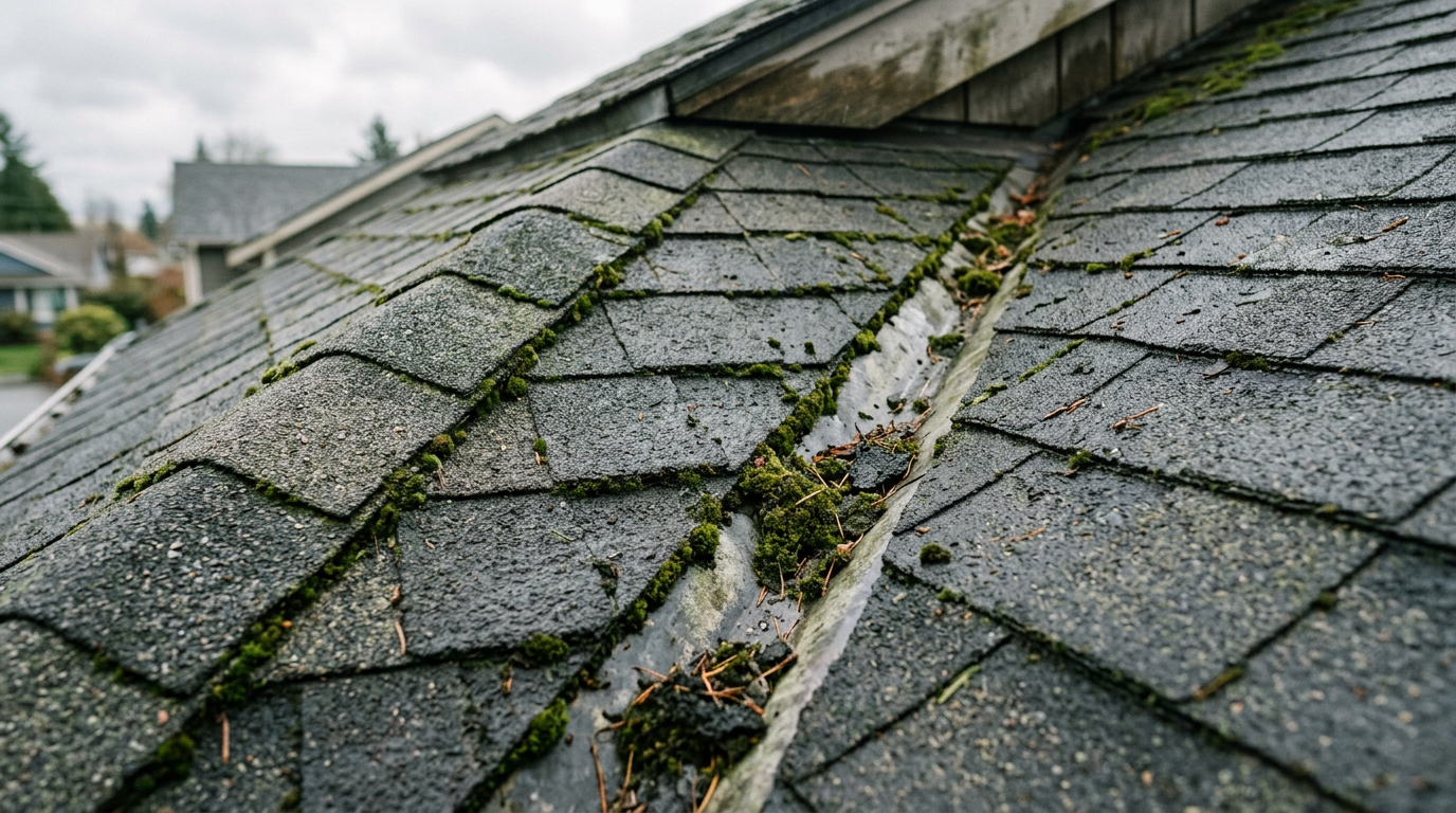 Close-up of moss and granule loss on a residential roof in Ballard, WA, a sign that a roof assessment is needed.