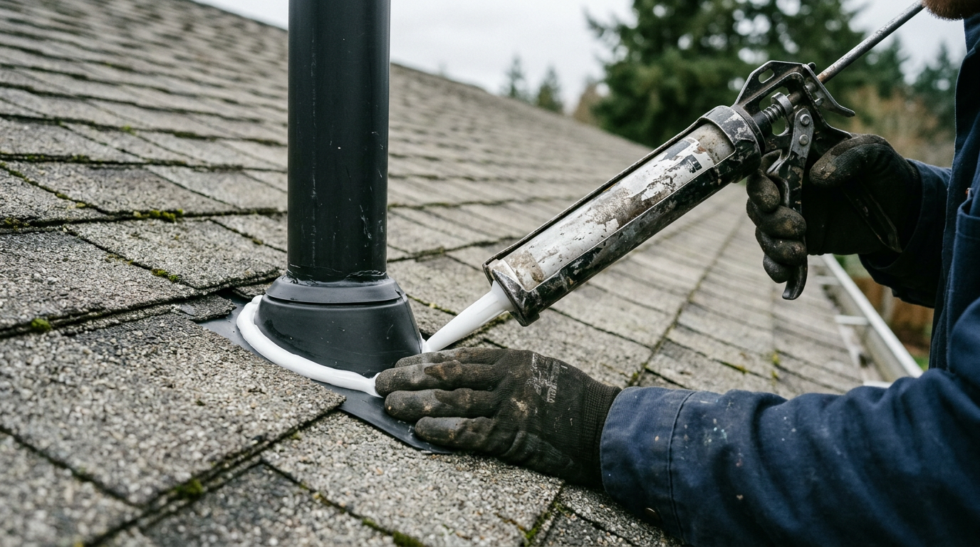 Applying sealant to a roof vent during a roof assessment on a home in Brier, WA.