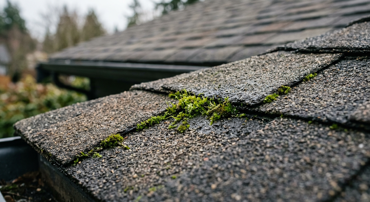 Close-up of moss growing on an architectural shingle roof on a home in Brier, WA, indicating the need for a roof assessment.