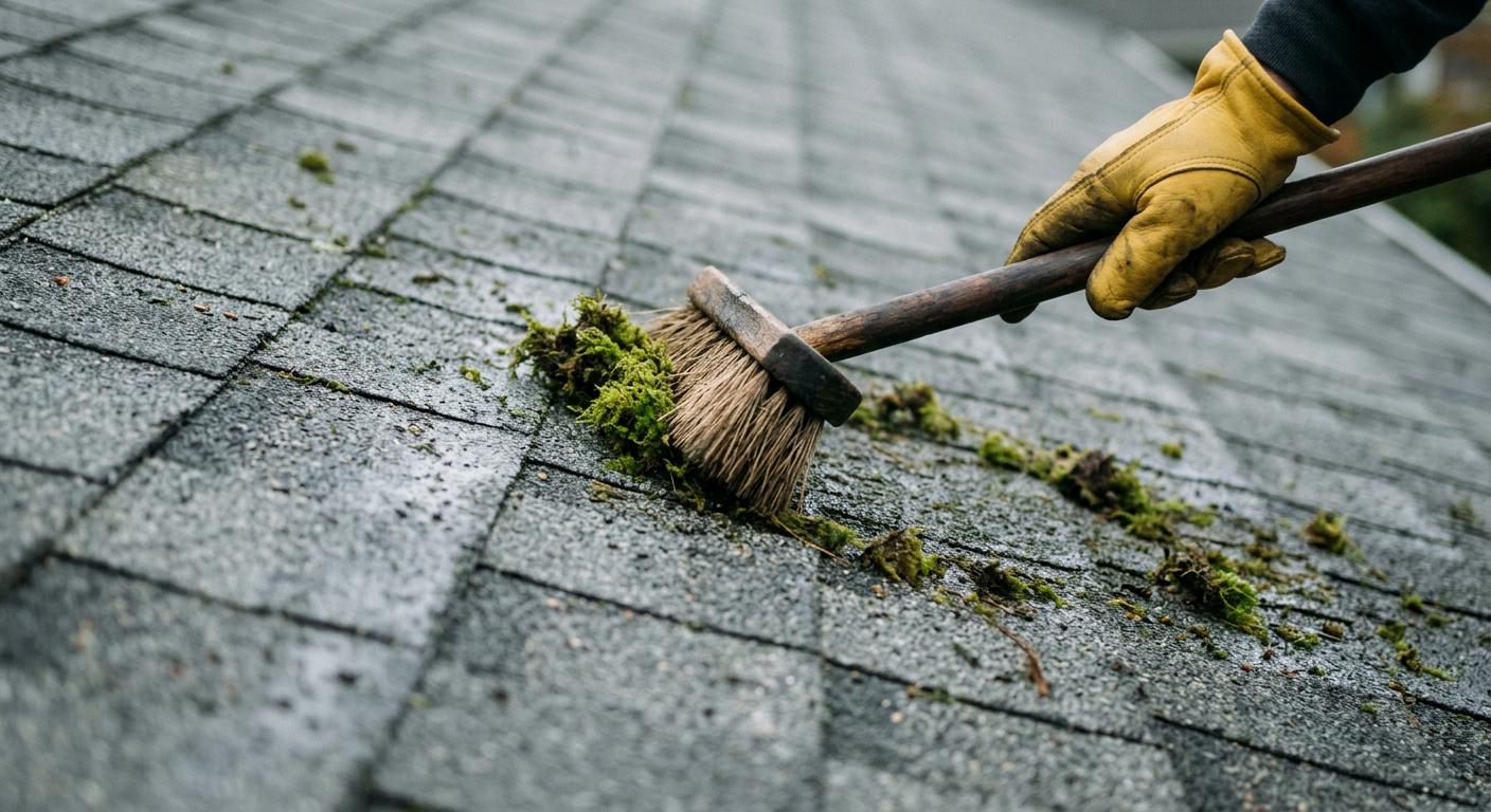 A House Spouse handyman performs a roof assessment in Brier, WA, gently brushing moss off asphalt shingles.