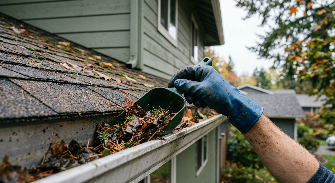 A close-up of a handyman cleaning fall leaves from the gutters of a home during a roof assessment in Kirkland, WA.