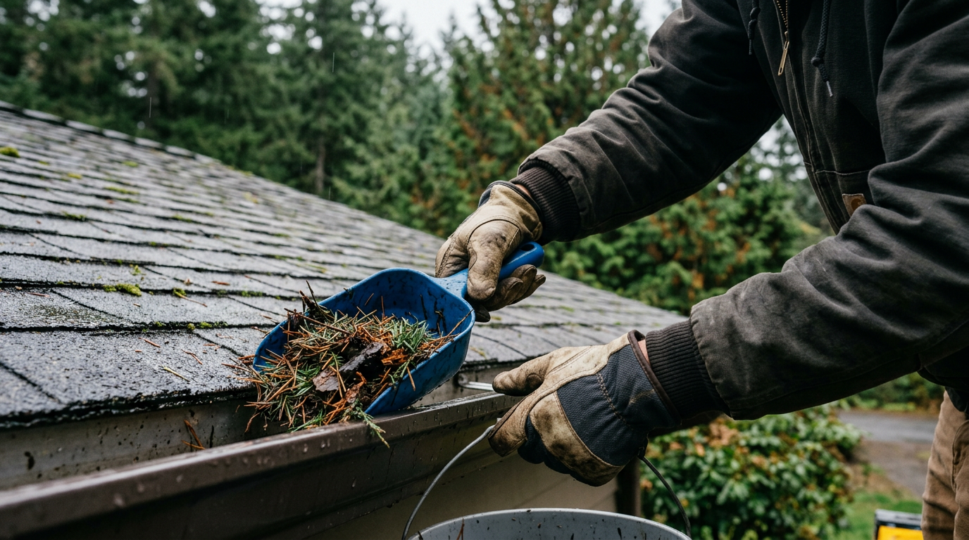 Contractor cleaning fir needles from gutters during a roof assessment in Kirkland, WA.