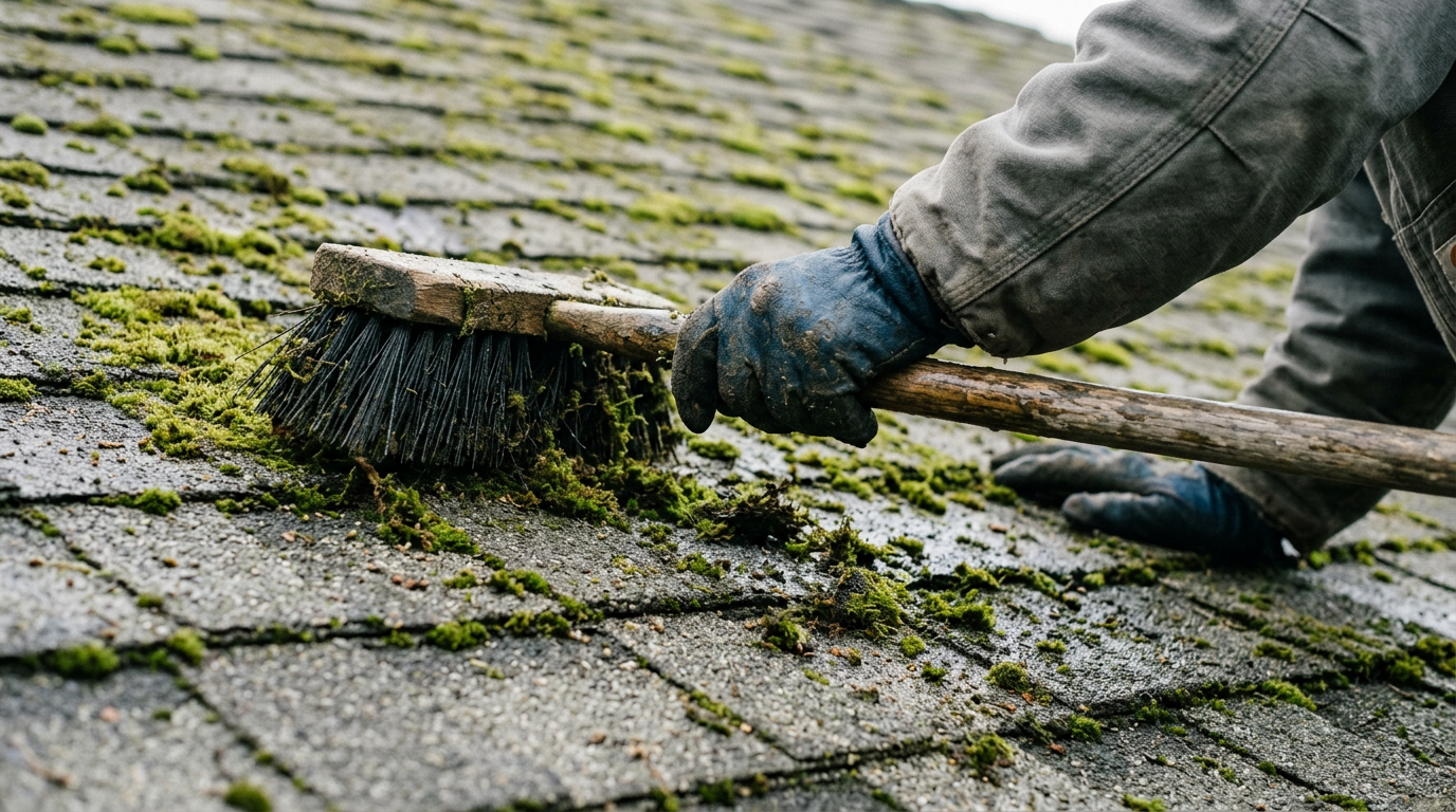 A House Spouse technician performing a roof assessment on a home in Lake Stevens, WA by checking for moss buildup.