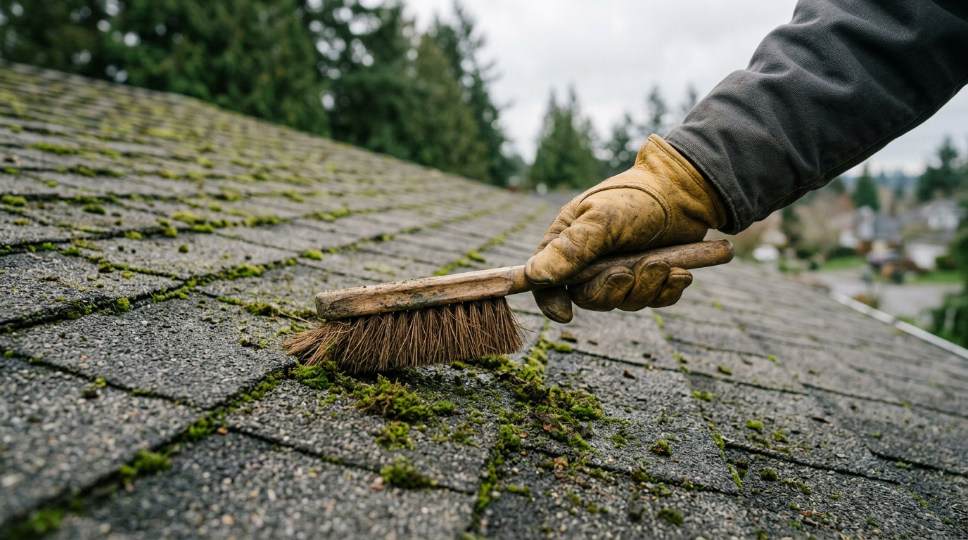 A hand brushing moss off an architectural shingle during a roof assessment on a home in Lake Stevens, WA.