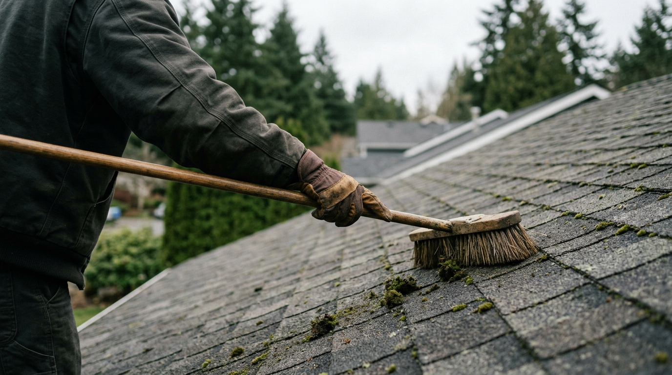 A professional performing a roof assessment and minor moss removal on a home in Mukilteo, WA.