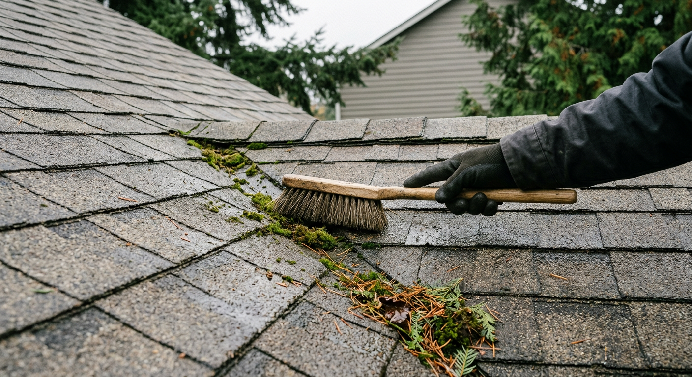 Visual roof condition assessment showing gentle moss removal on asphalt shingles in Mukilteo WA