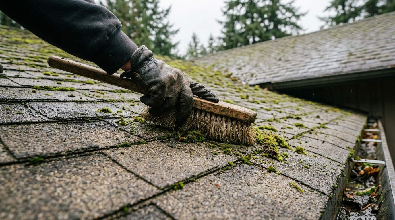 A hand using a brush to clean moss off a roof during a roof assessment in Mukilteo, WA.