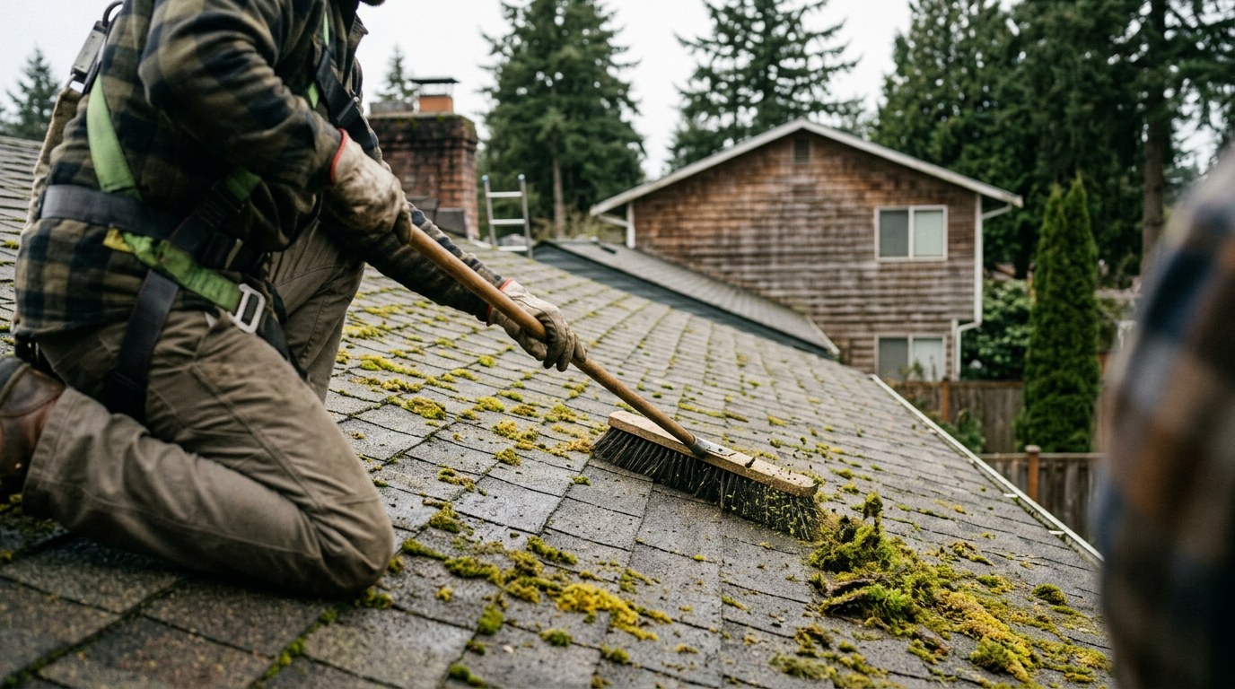 A technician performing a roof assessment on a Northgate, WA home by brushing moss off shingles.
