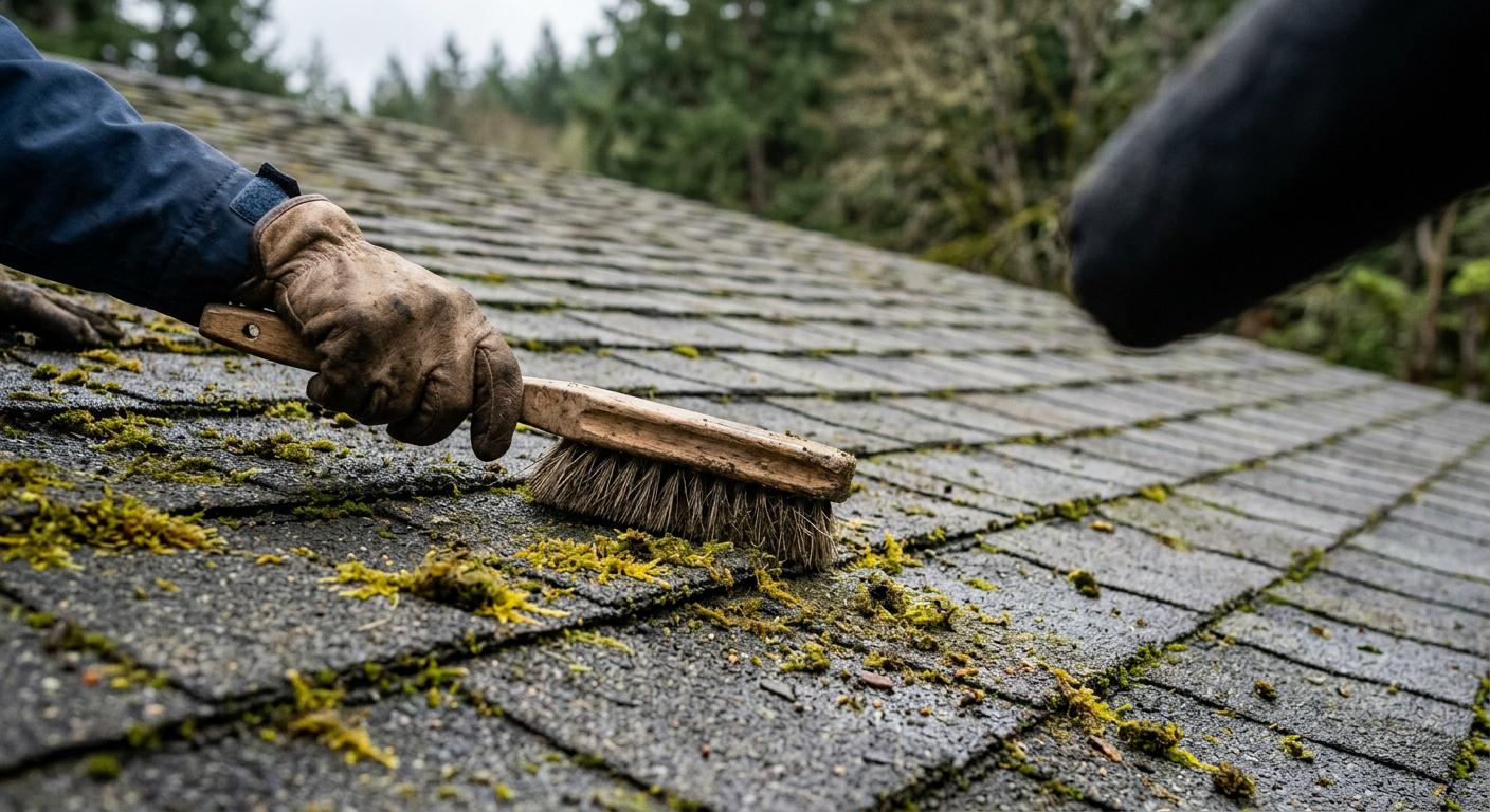 Close-up of a roof assessment in Northgate, showing moss being carefully brushed from asphalt shingles during routine home maintenance.
