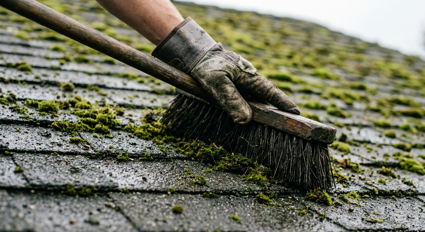 A professional performing a roof assessment and gently brushing moss from asphalt shingles on a home in Northgate, WA.