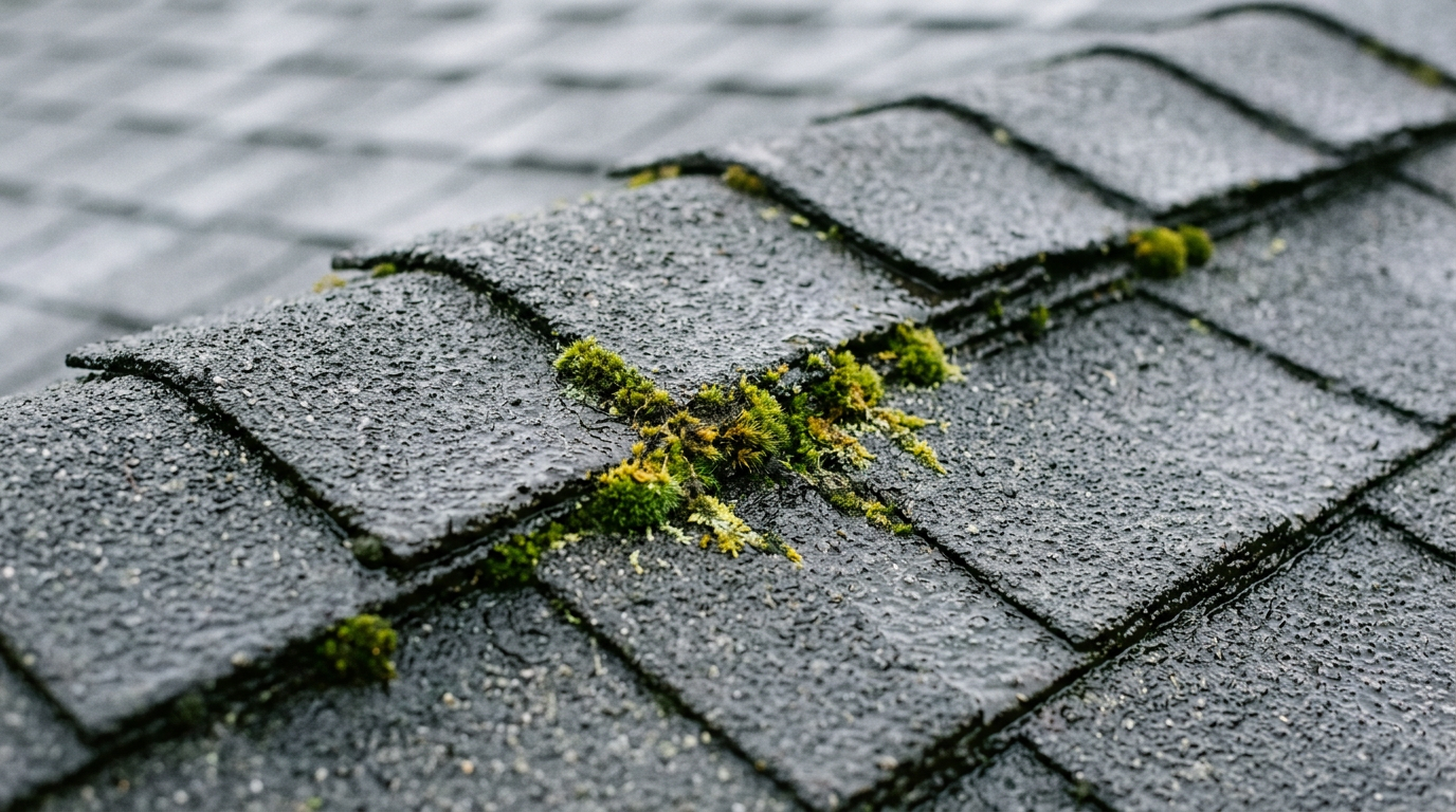 Close-up of composite roof shingles with moss growth, a common issue found during roof assessments in Northgate, WA.