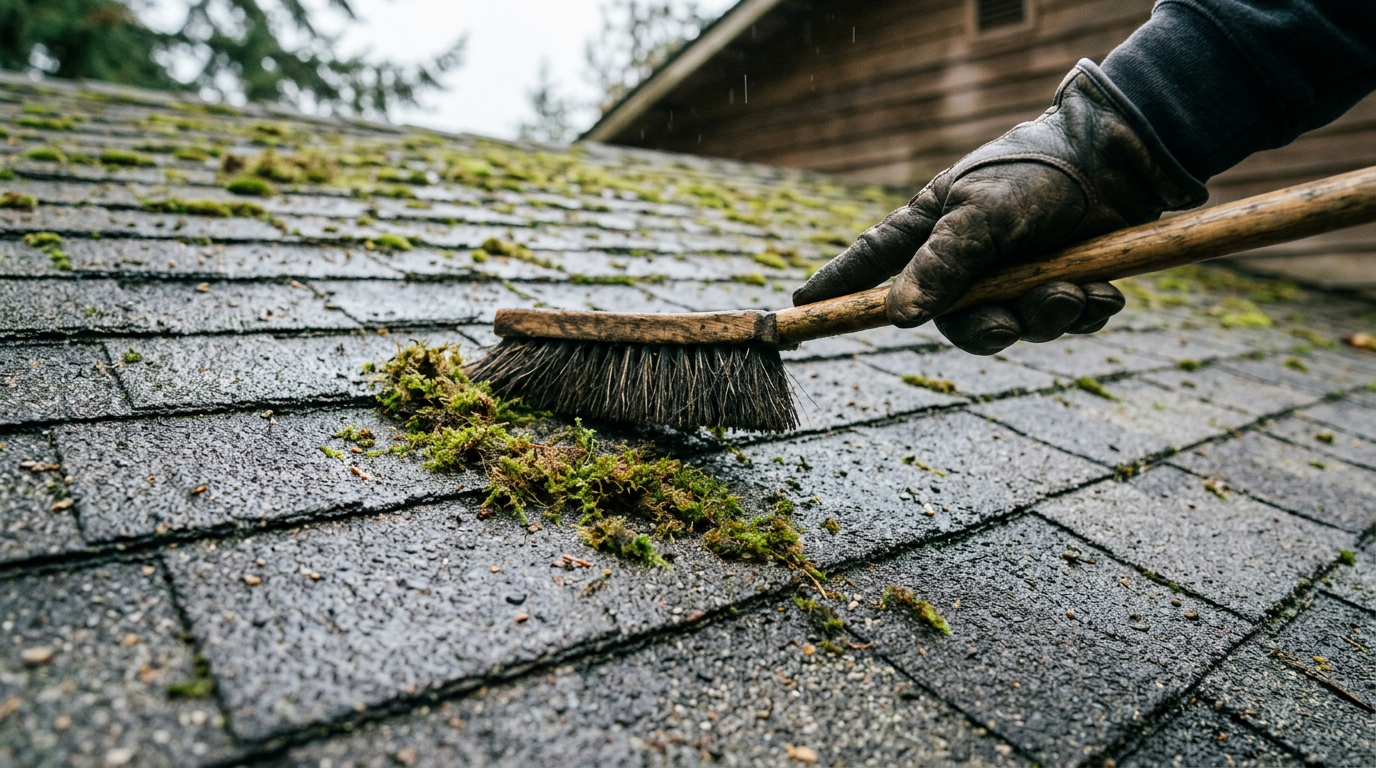 A close-up of a professional performing a roof assessment on a home in West Seattle, gently brushing moss off asphalt shingles.