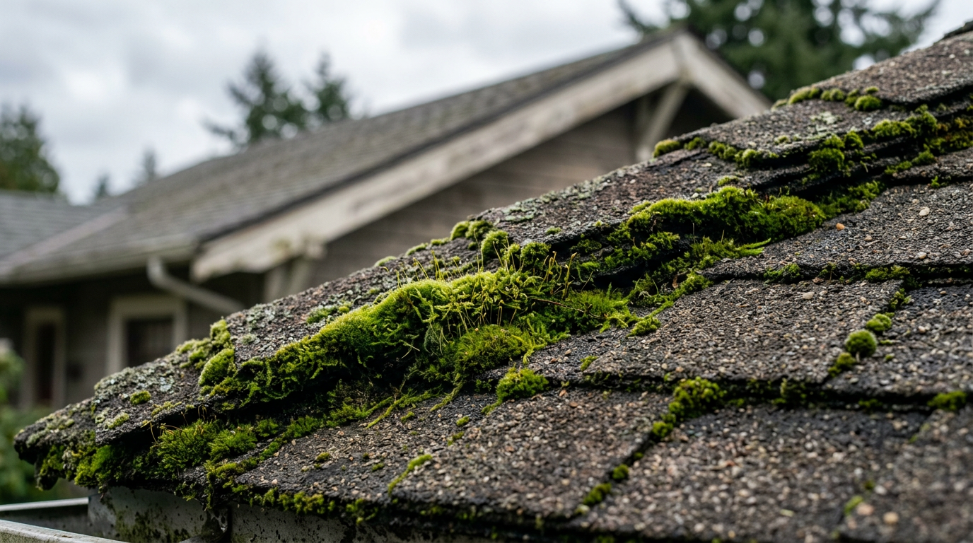 Close-up of moss on asphalt shingles, a common issue needing roof assessments in West Seattle, WA.