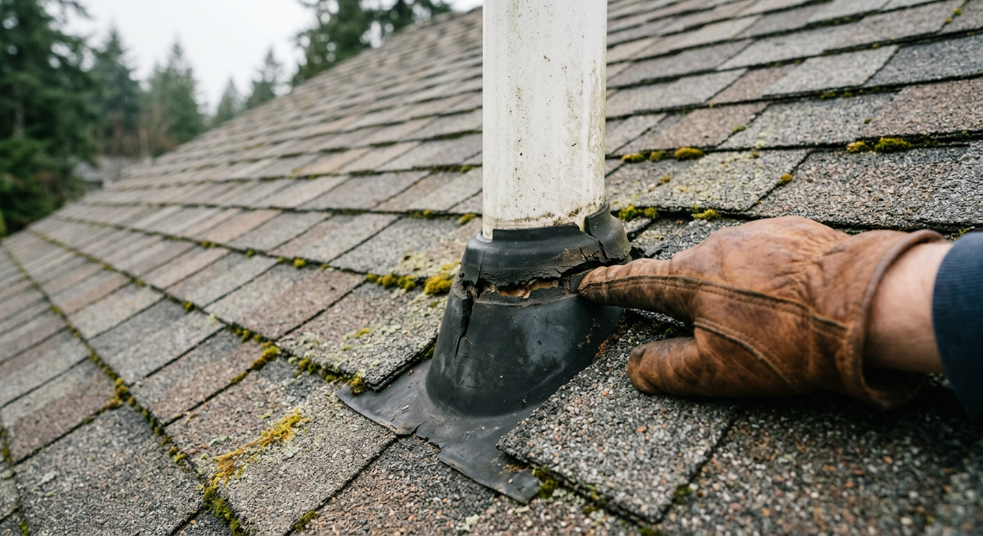 A close-up of a composition shingle roof in West Seattle, showing a cracked vent pipe flashing in need of repair.