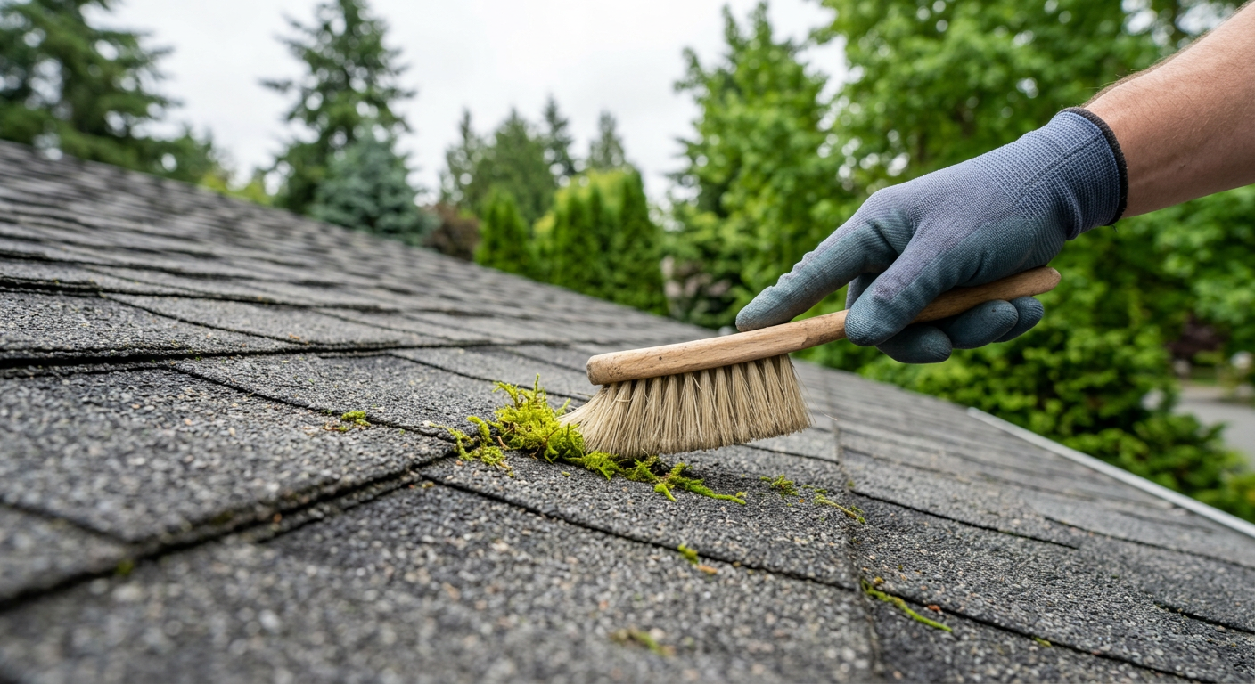 Gloved hand using a brush for moss removal during a roof assessment on a Kirkland, WA home.