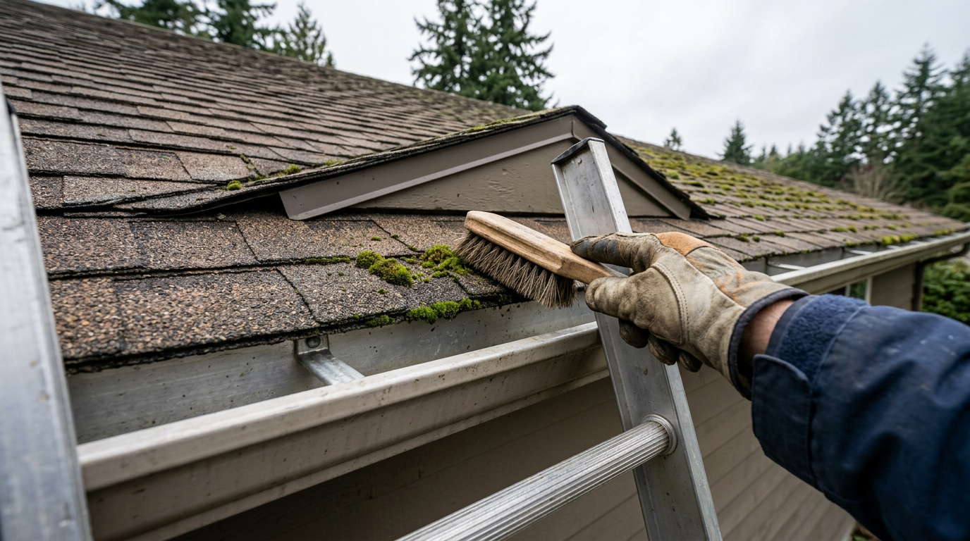 Close-up of moss on an asphalt shingle roof in Mukilteo, WA, a common issue found during a roof condition assessment.