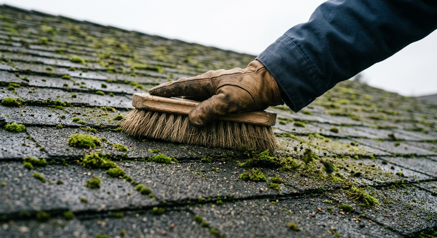 A technician performing a roof health assessment on a home in West Seattle by carefully brushing moss off of an asphalt shingle.