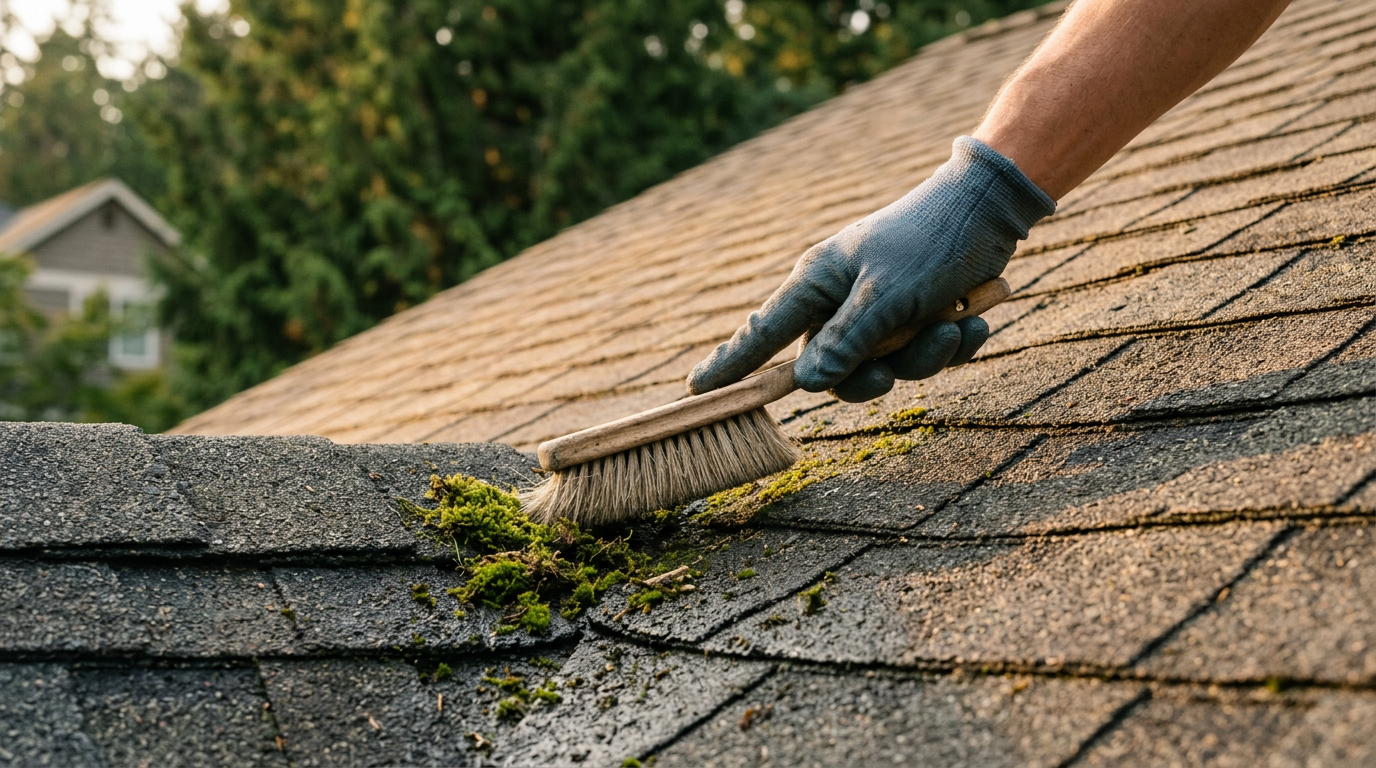Brushing moss off a composite shingle roof during a summer roof assessment in West Seattle.