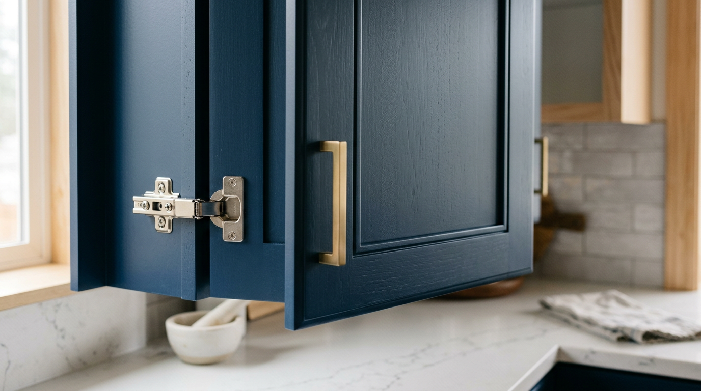 A close-up of a freshly painted blue kitchen cabinet with a new brass handle in a Sammamish home after a professional refresh.