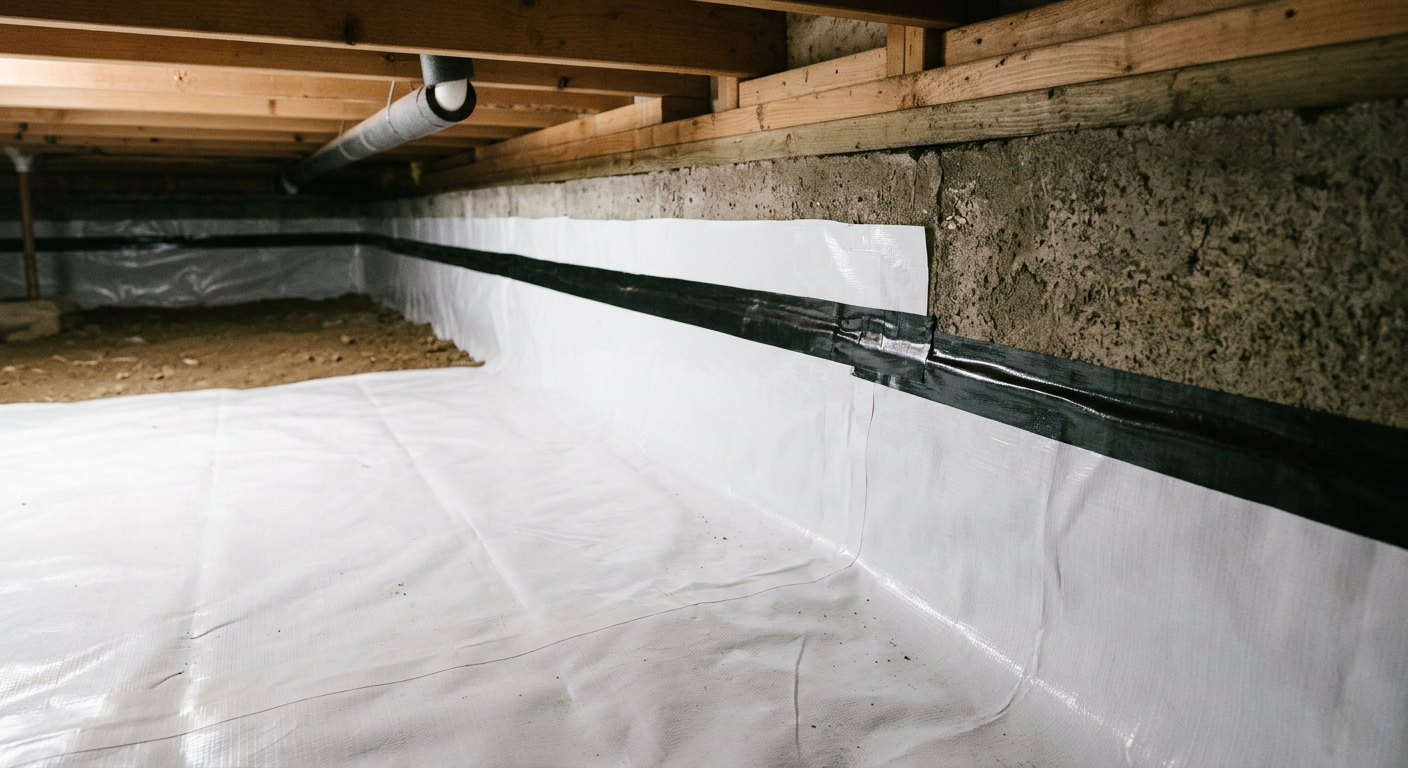A clean, newly installed white vapor barrier in the crawlspace of a Sammamish, WA home.