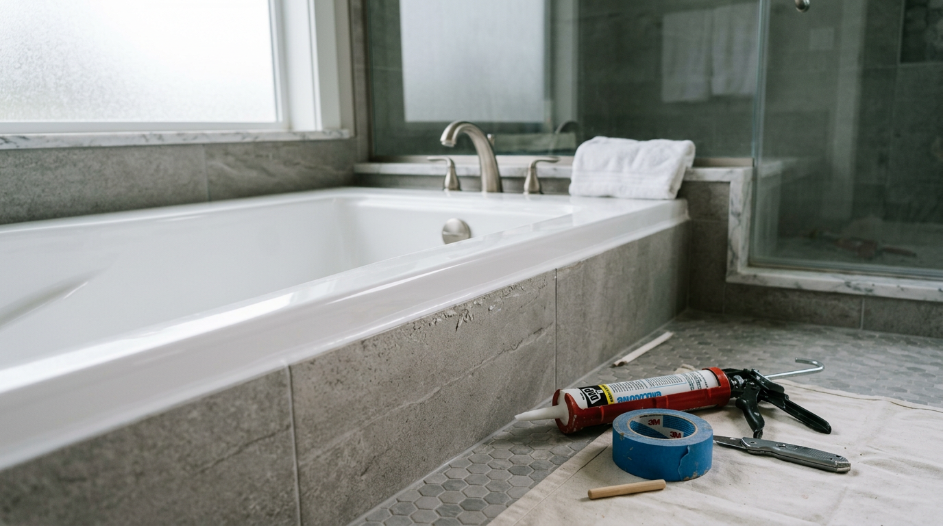 Perfectly finished corner of a bathtub after pre-sale home prep in a Sammamish WA home.